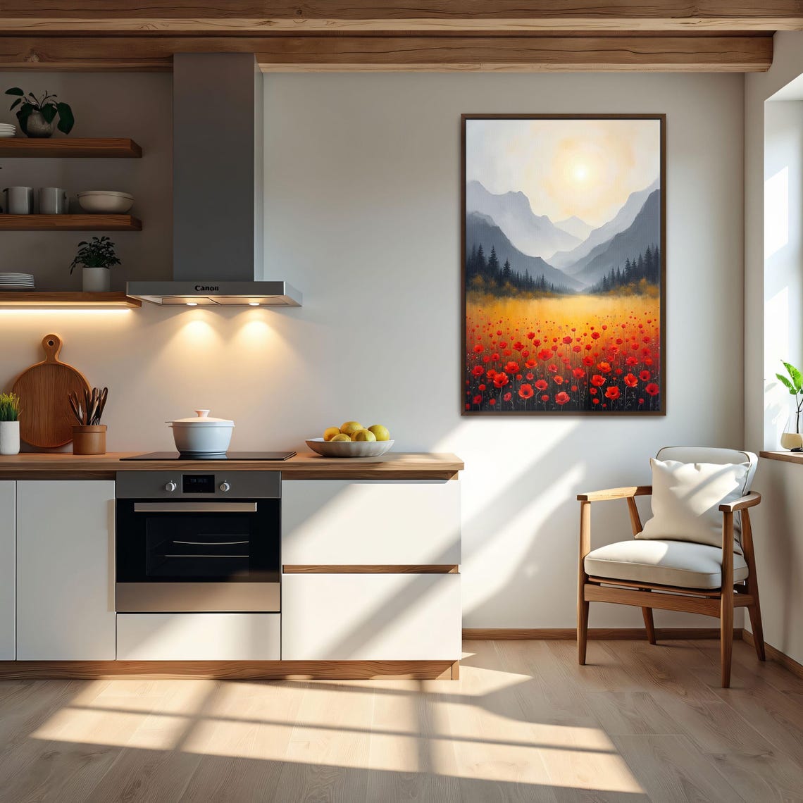 Red Poppies in a Sunlit Mountain Valley Golden Landscape Poster - Image 5