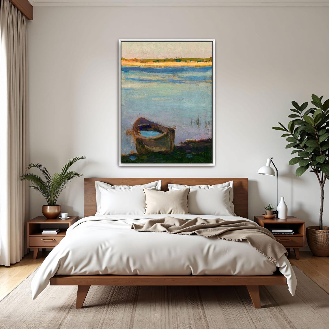 Framed Print Of Boat On A Calm River Landscape Fine Art Print Blue And Green Entryway Art Print Rustic Oil Painting - Image 3