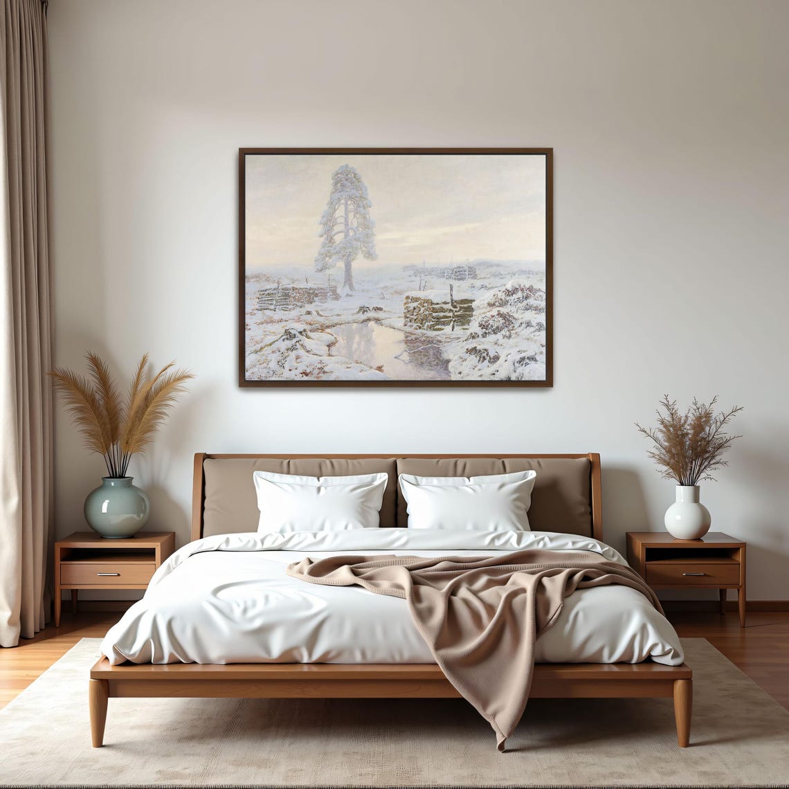 Snowy Landscape with Lone Pine Tree Frozen Stream Winter Poster