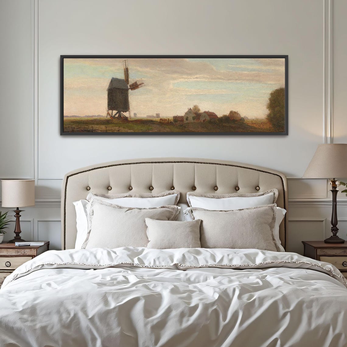 Post Mill Windmill Landscape With Farmhouses and Trees Poster
