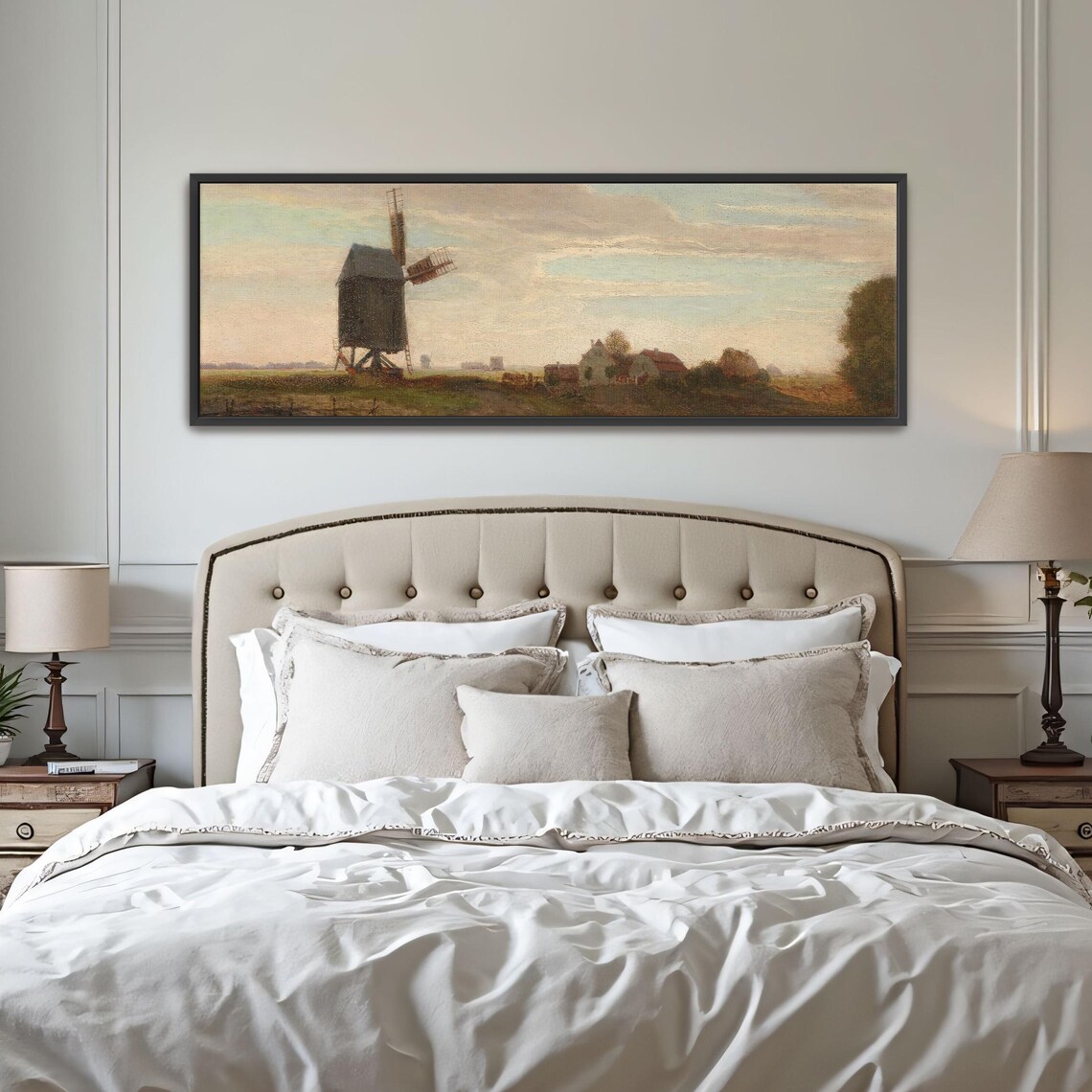 Windmill Landscape With Houses And Trees Panoramic Wall Art Horizontal Framed Art Above Bed Wall Art Bedroom And Living Room Art Wide