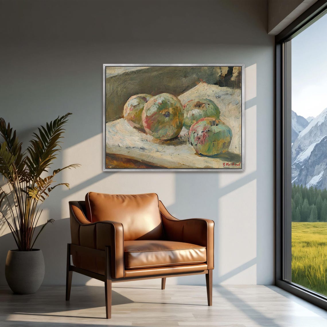 Four Green Apples Rustic Impressionist Still Life Painting Poster - Image 2