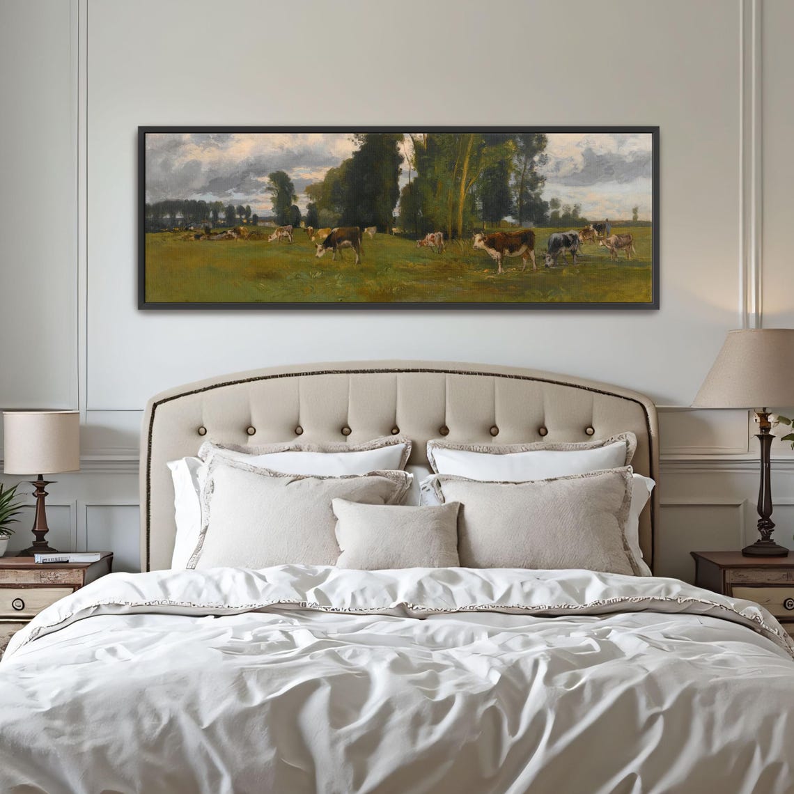 Cows Grazing in a Sunlit Green Pasture Under Tall Trees Poster - Image 4