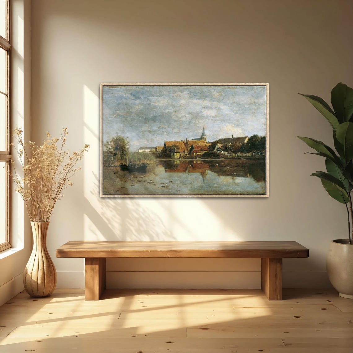 Framed Wall Art Of A Village By A Lake With A Boat Landscape Fine Art Print Green And Blue Living Room Artwork Rustic Oil Painting