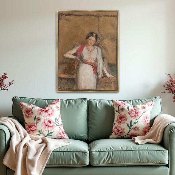 Standing Woman In White Dress With A Flowing Red Shawl Sketch Poster
