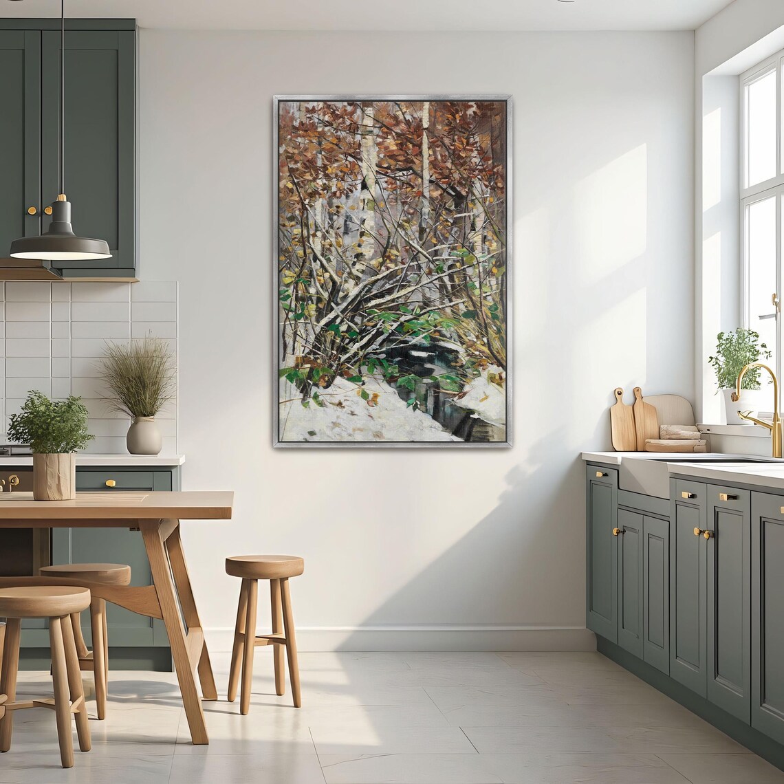 Framed Print Of Snowy Birch Forest With Stream Landscape Fine Art Print White And Brown Entryway Artwork Rustic Oil Painting - Image 2