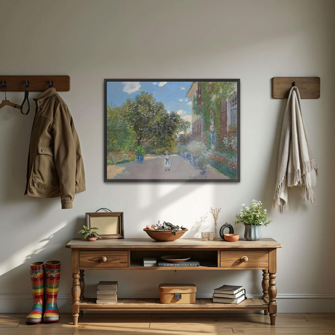 Claude Monet Framed Print A Girl Playing In A Garden With A House Landscape Print Green And Blue Entryway Art - Image 3