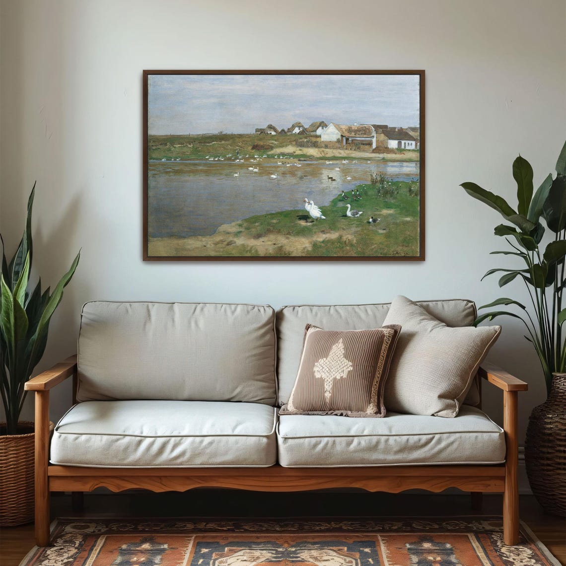 Framed Wall Art Of Village With Geese On A Lake Landscape Wall Art Green And Blue Bedroom Art White And Brown Farmhouse Fine Art Print - Image 2