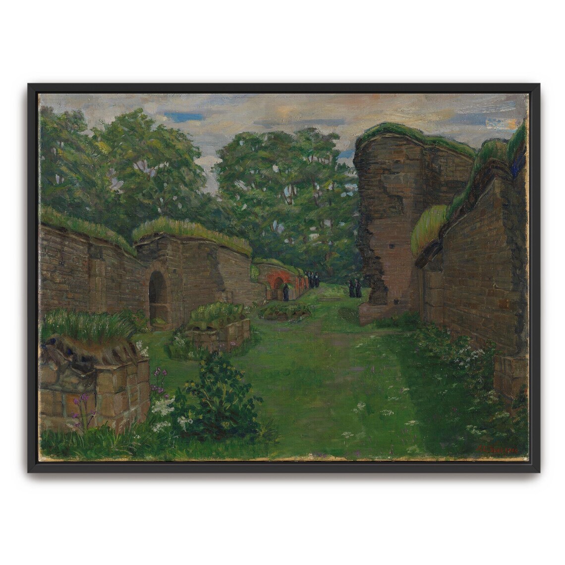 Framed Wall Art Of Ruined Stone Walls In A Green Landscape Landscape Fine Art Print Green And Brown Entryway Art Rustic Oil Painting