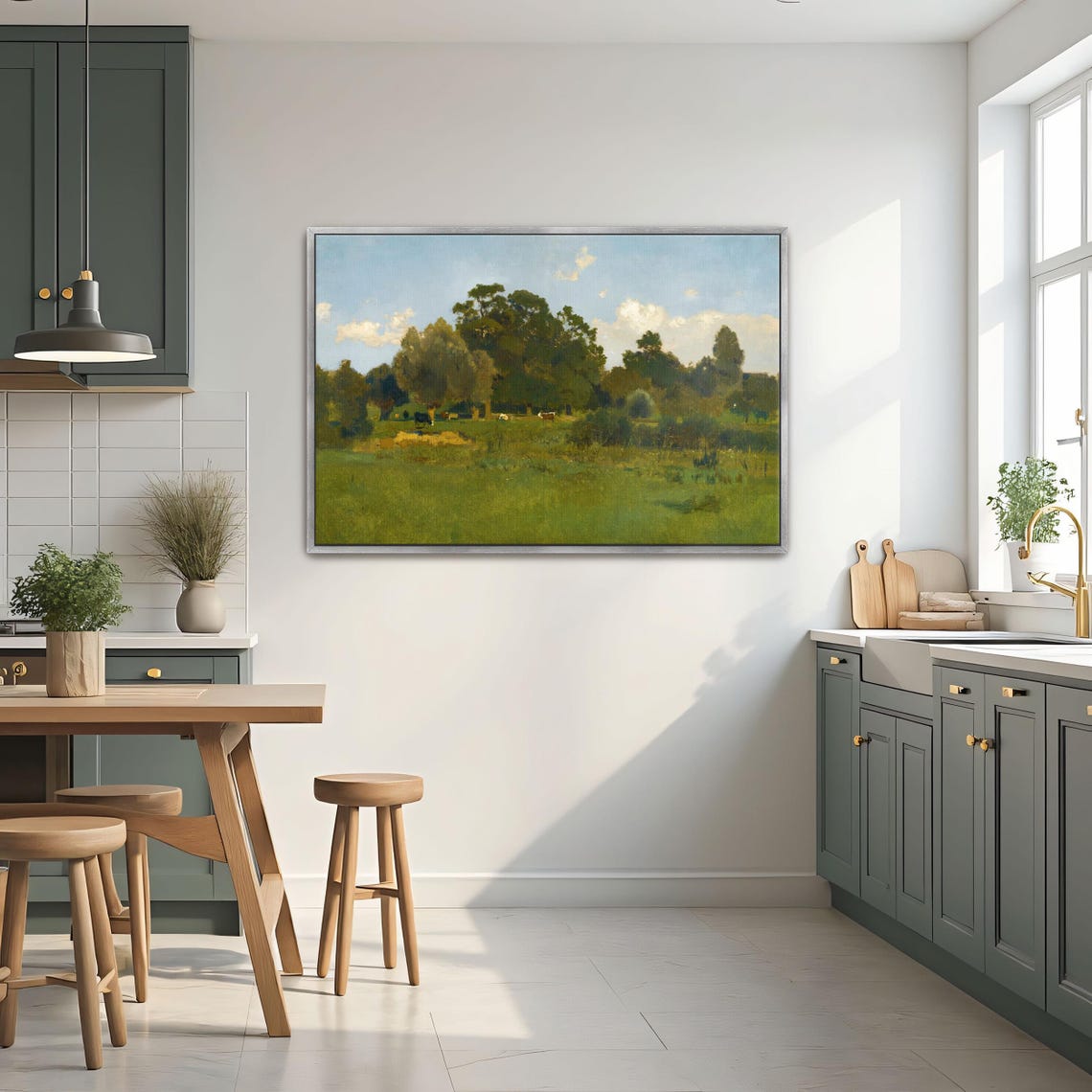 Peaceful Meadow With Grazing Cows Rustic Vintage Oil Painting Print - Image 2