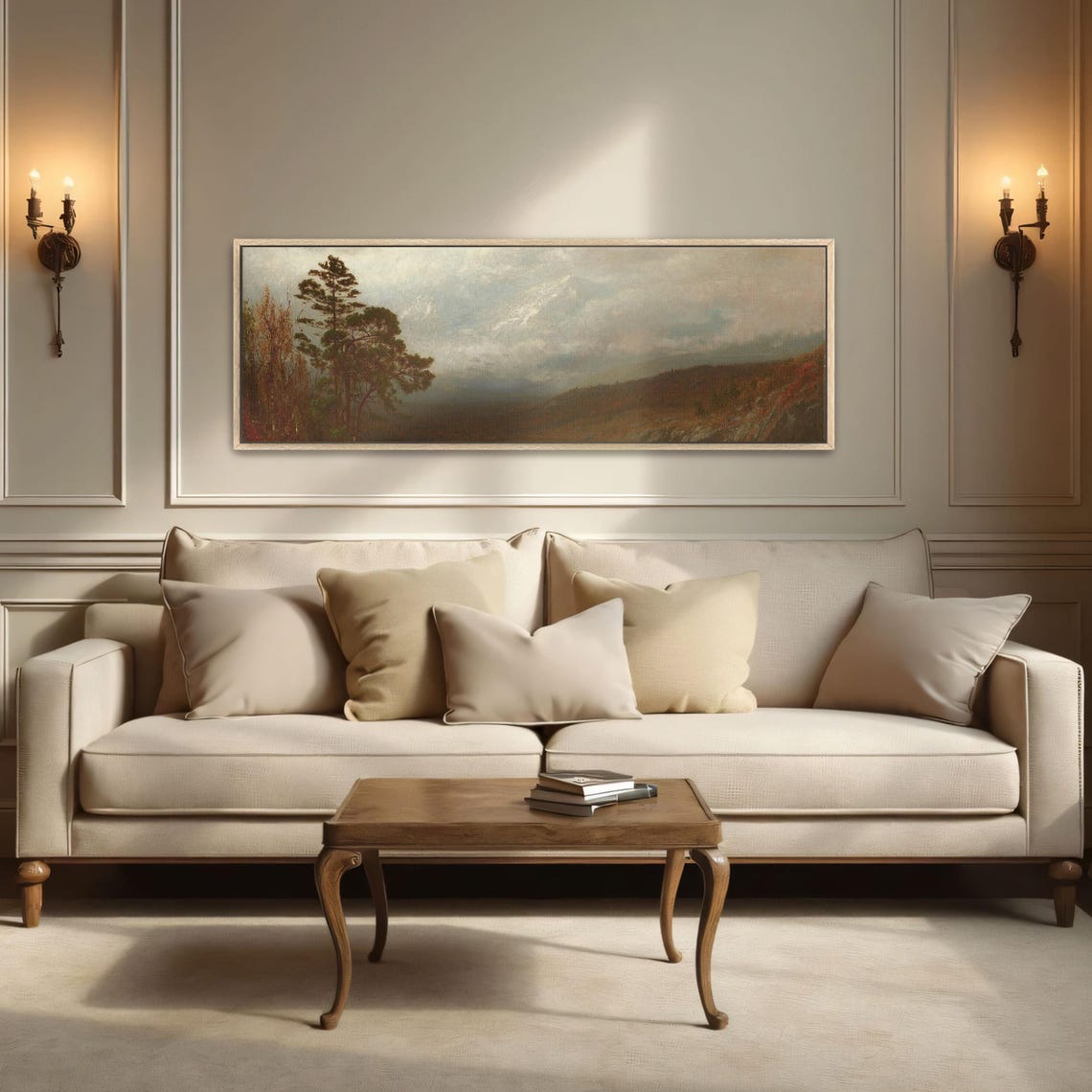 Lake And Mountains Under Cloudy Sky Panoramic Wall Art Horizontal Framed Art Above Bed Wall Art Bedroom And Living Room Art Wide - Image 2