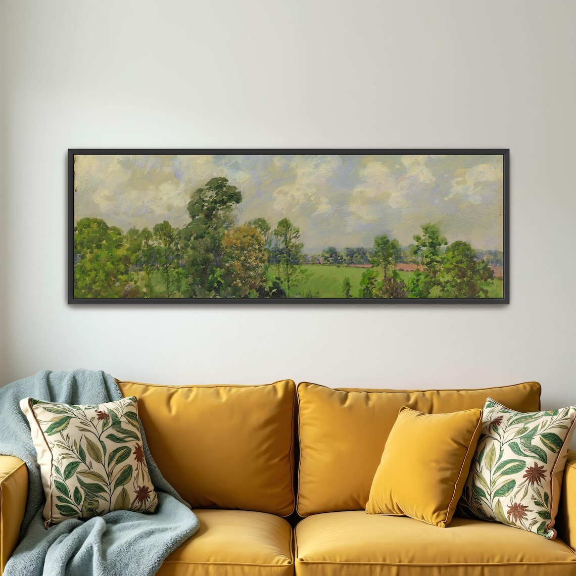 Watercolor Meadow Landscape With Green Trees and Clouds Poster