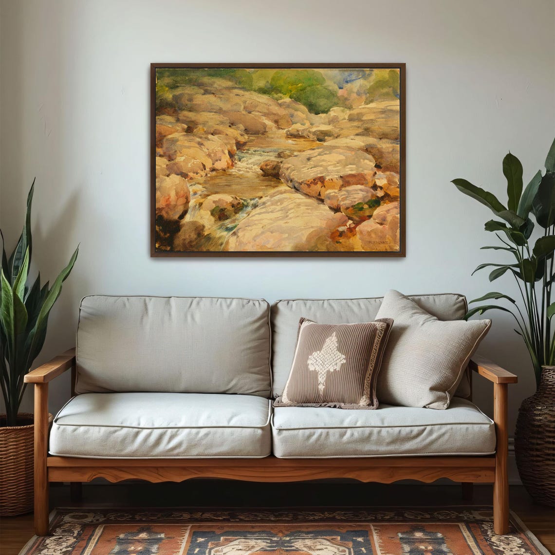 Framed Print Of Watercolor Painting Of A Stream In A Rocky Landscape Landscape Fine Art Print White And Yellow Boho Wall Art - Image 5