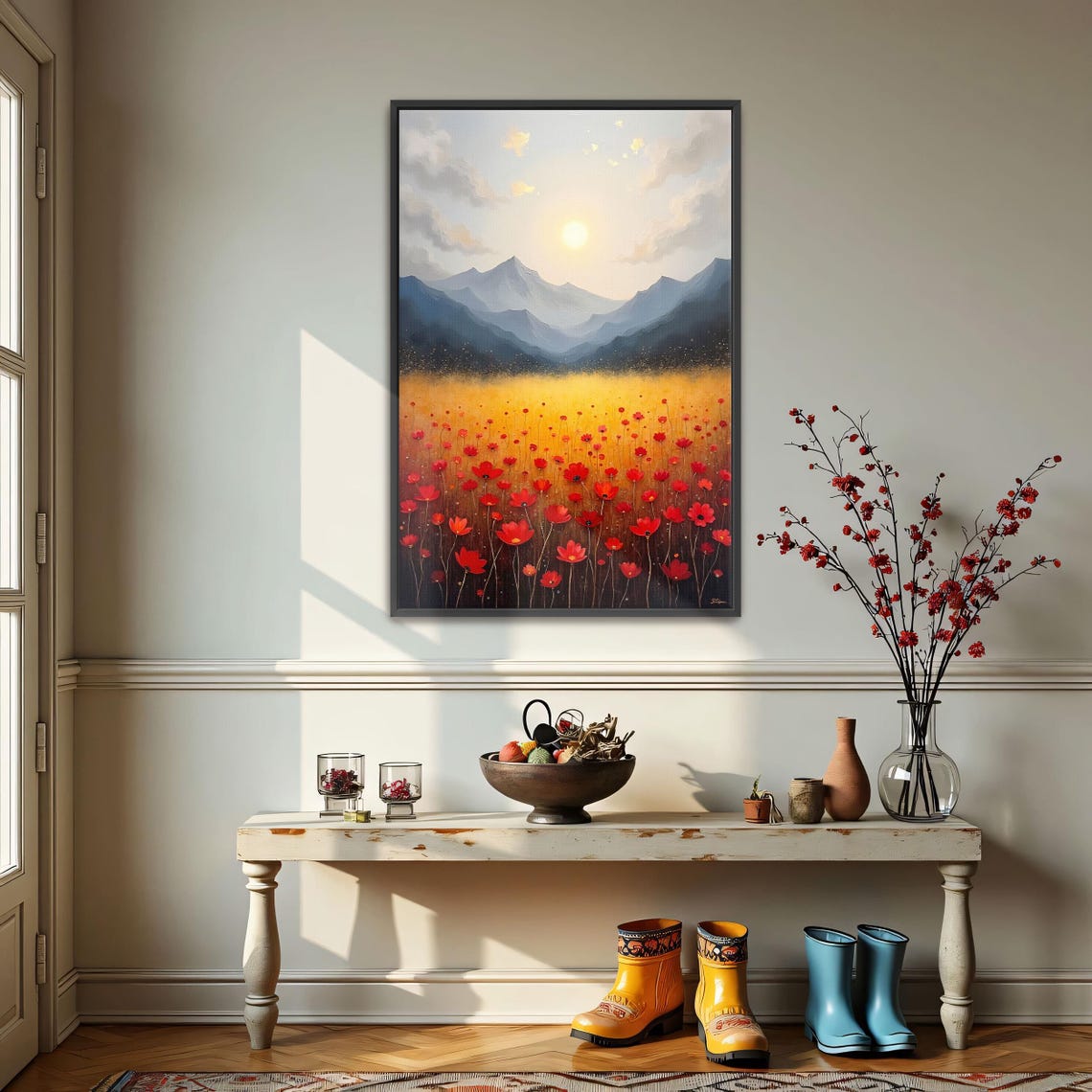 Vast Red Flowers Field At Sunset Beneath A Mountain Range Poster - Image 3