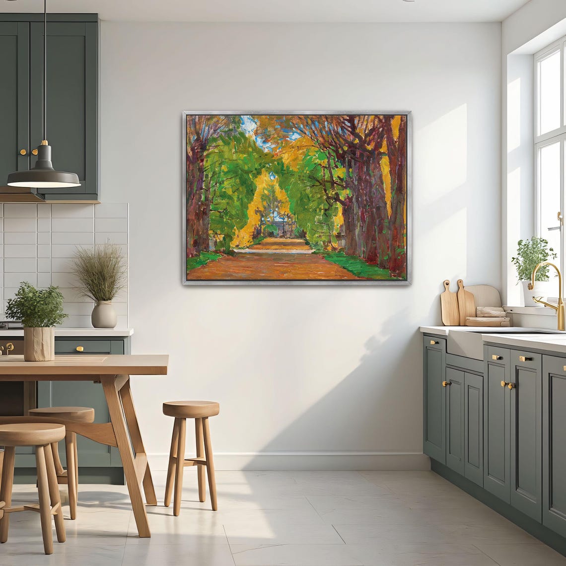 Golden Autumn Tree Lined Path in Glowing Light Landscape Art Poster - Image 3