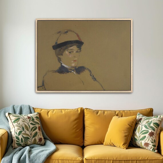 Woman in Hat and Coat Vintage Sepia Sketch Portrait Drawing Poster