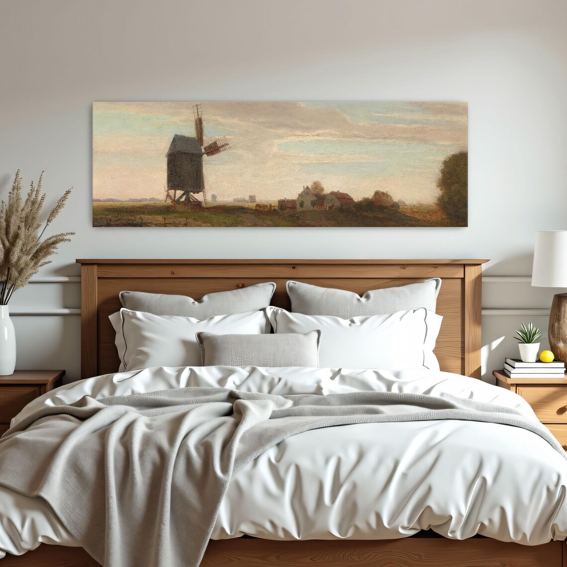 Windmill Landscape With Houses And Trees Panoramic Wall Art Horizontal Framed Art Above Bed Wall Art Bedroom And Living Room Art Wide - Image 3