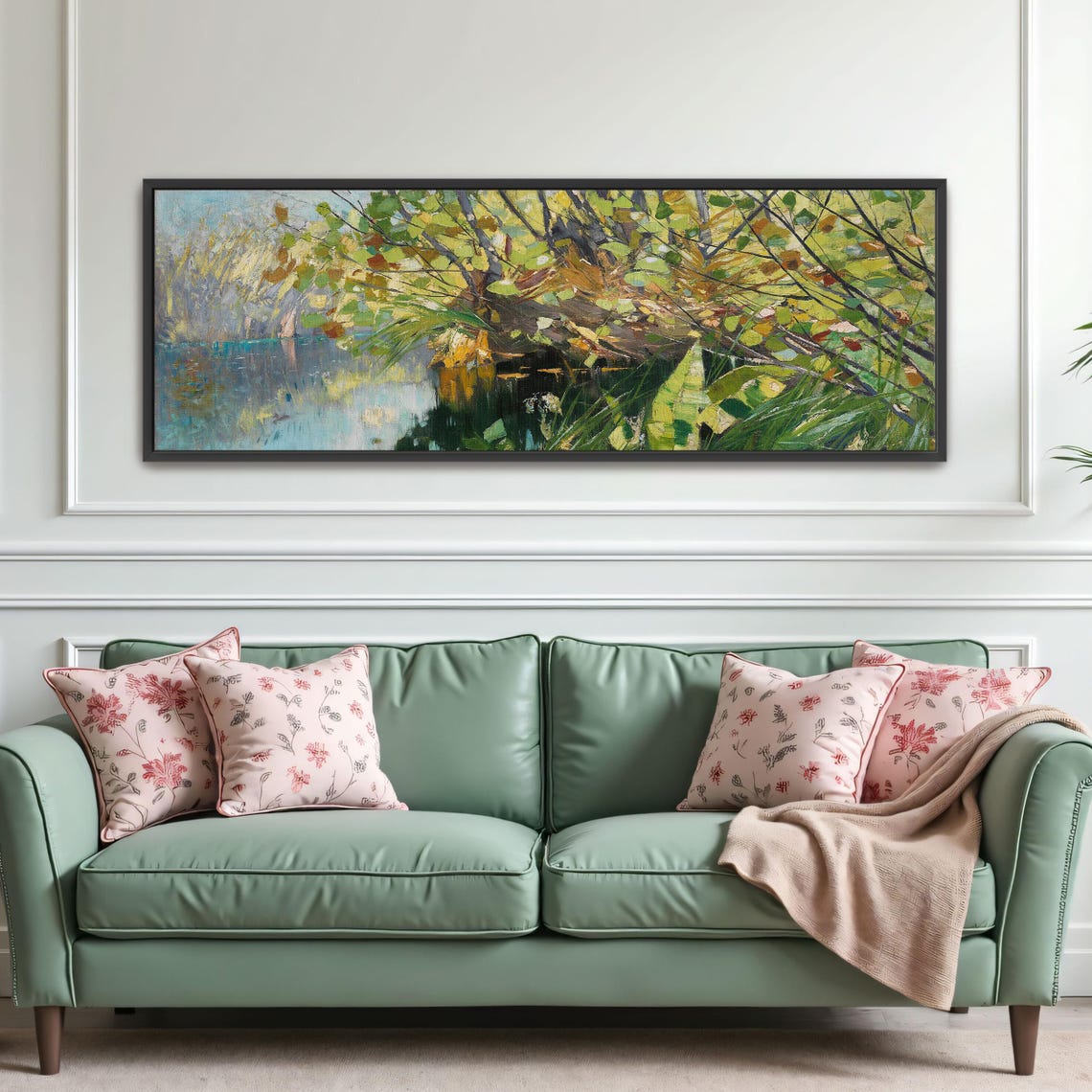 Autumn Riverbank Trees Impressionist Panoramic Landscape Poster