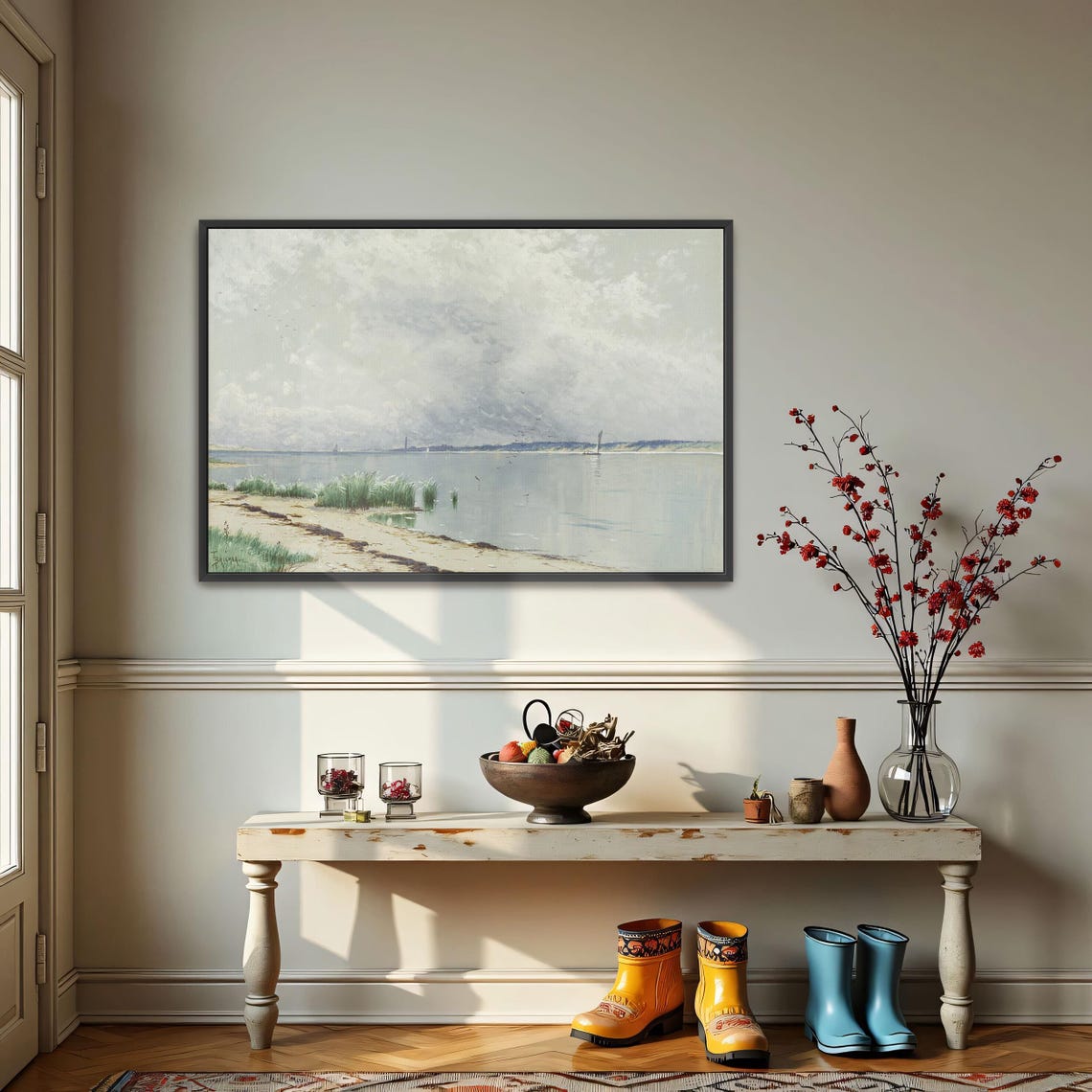 Misty Seascape with a Distant Sailboat Calm Gray Coastal Poster