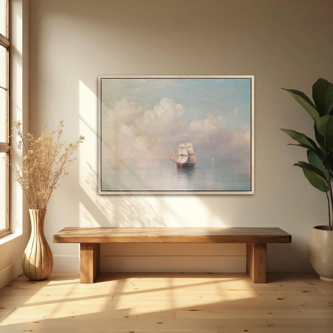Tall Ship Sailing Calm Sea Under Clouds Classic Maritime Art Poster