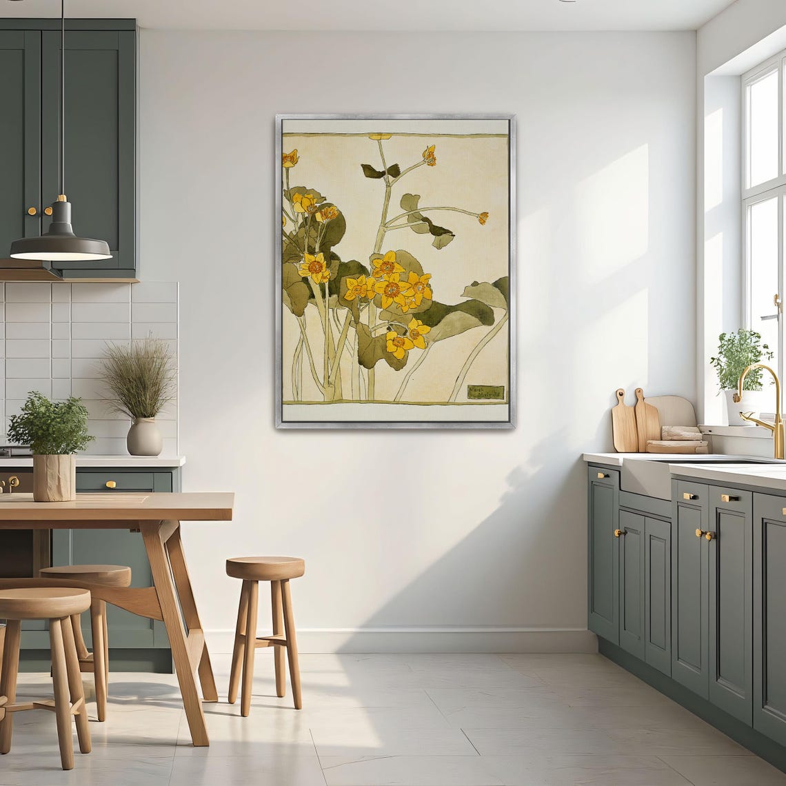 Golden Marsh Marigold Botanical Art Nouveau Style Flower Poster