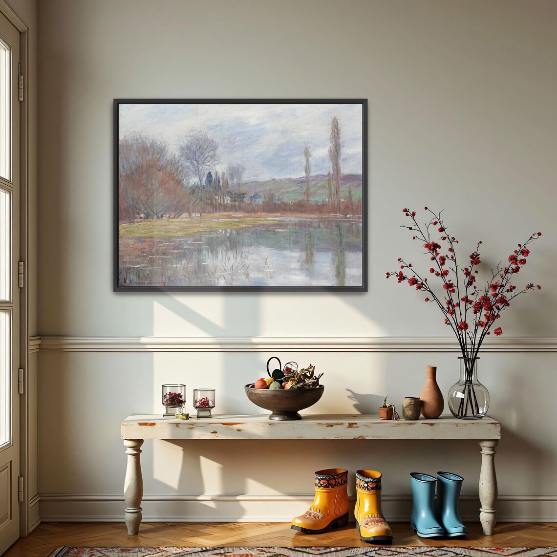 Claude Monet Framed Wall Art A Misty River Scene With Trees Landscape Fine Art Print Gray And Blue Entryway Art Rustic Oil Painting - Image 3