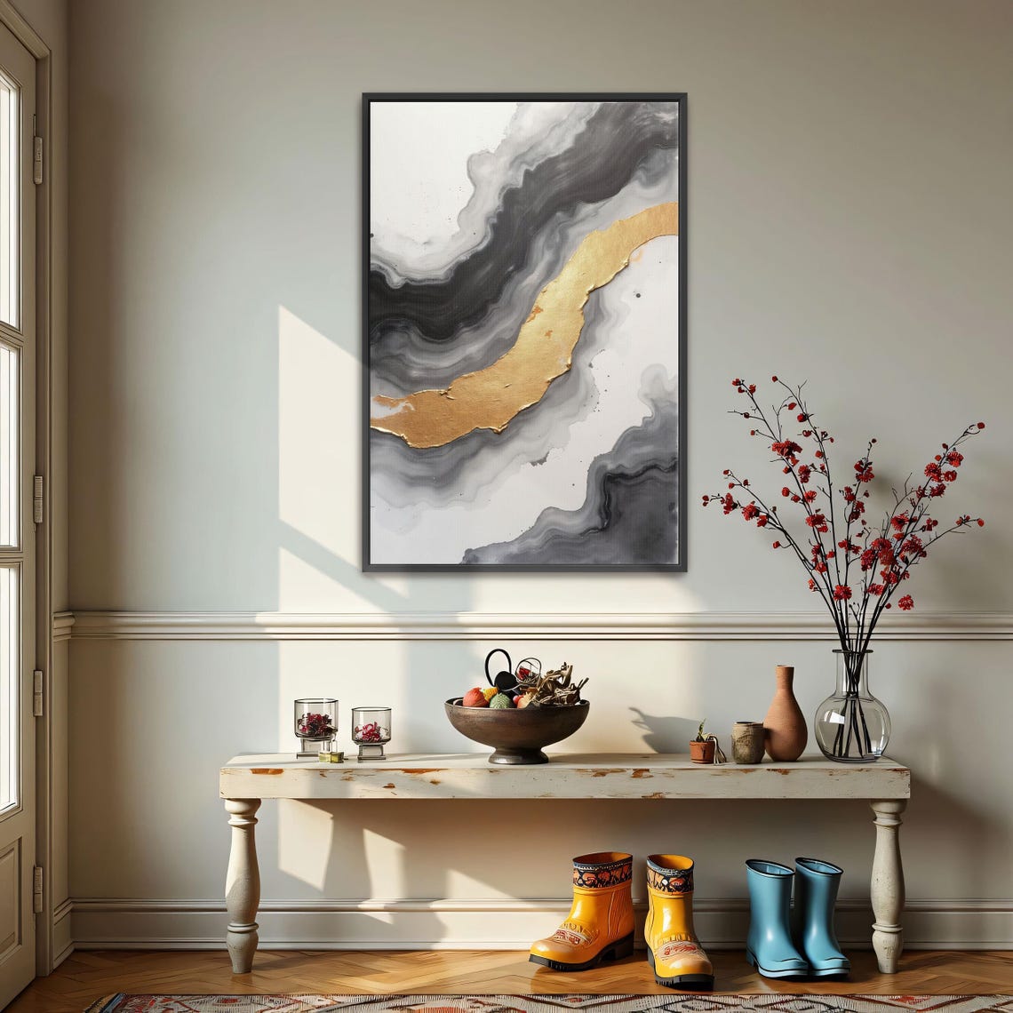 Diagonal Gold Ribbon Through Grey Marble Swirls Abstract Poster - Image 3