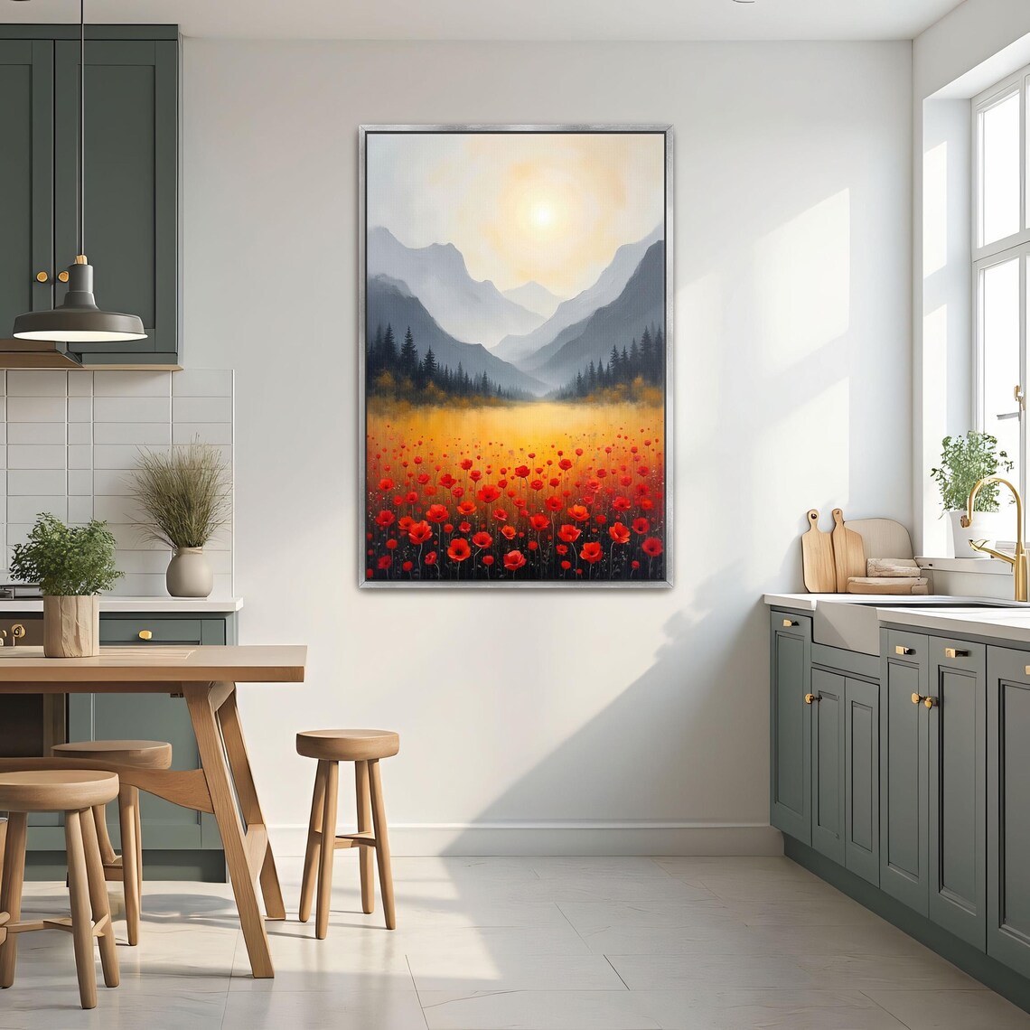 Red Poppies in a Sunlit Mountain Valley Golden Landscape Poster - Image 2