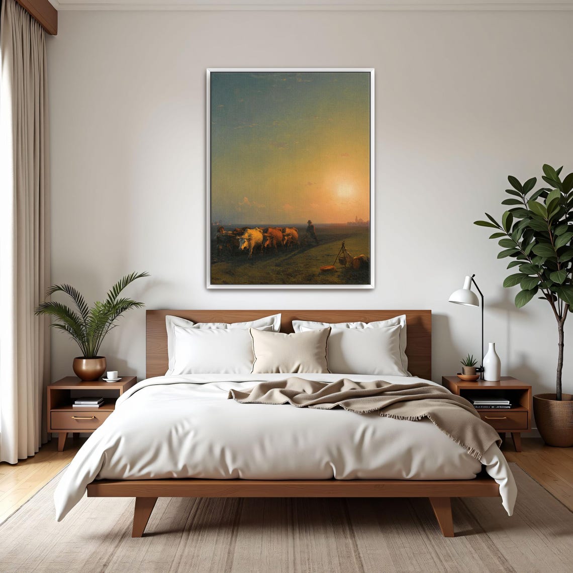Golden Sunset Landscape with Cows and Farmers in a Field Poster