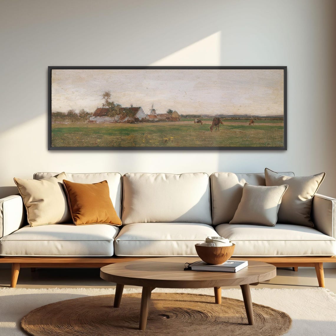 Farmhouse In A Field With A Cloudy Sky Panoramic Wall Art Horizontal Framed Art Above Bed Wall Art Bedroom And Living Room Art Wide - Image 4
