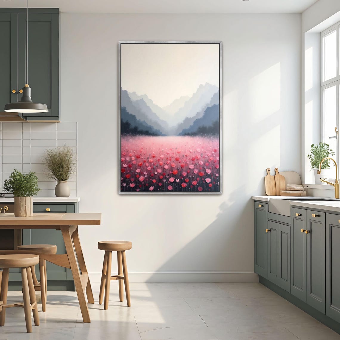 Pink Flower Field beneath Misty Blue Mountains Landscape Poster - Image 2