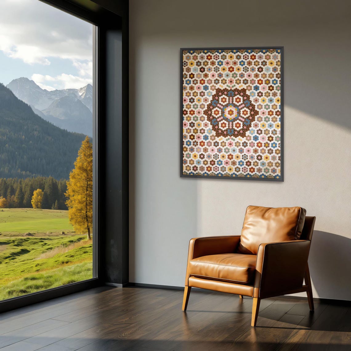 Large Framed Print Of A Quilt With A Geometric Pattern Geometric Fine Art Print White And Brown Bedroom Art Geometric Artwork - Image 3