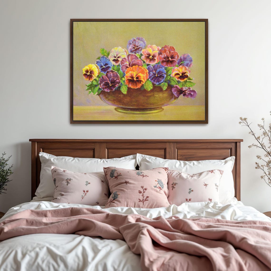Colorful Pansies Overflowing Brown Bowl Floral Still Life Art Poster - Image 2