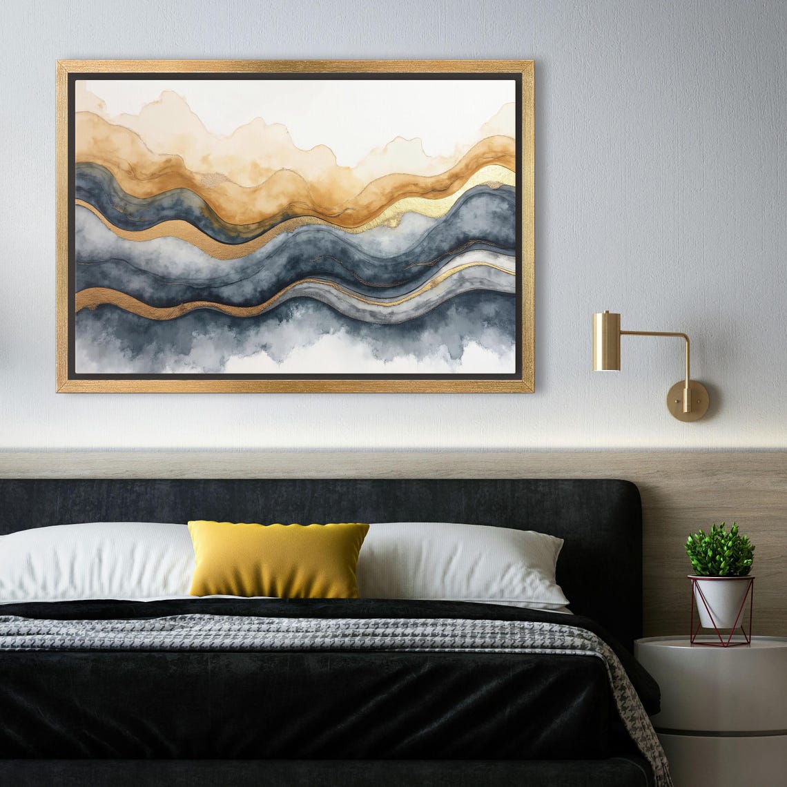 Navy Blue And Gold Watercolor Waves Abstract Modern Decor Poster - Image 4