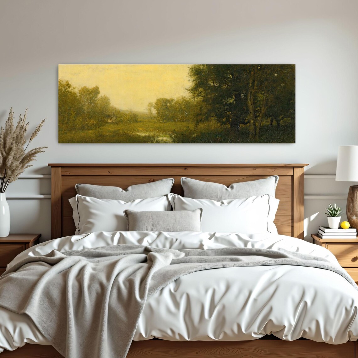 Impressionist Landscape With Trees And Fog Panoramic Wall Art Horizontal Framed Art Above Bed Wall Art Bedroom And Living Room Art - Image 3