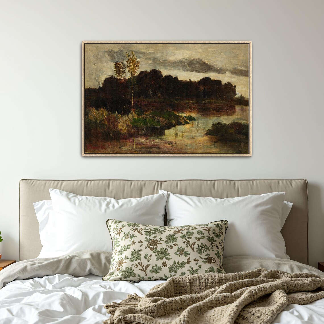 Large Framed Print Of A Misty Lake With Trees And Reeds Landscape Wall Art Gray And Brown Bedroom Decor Rustic Oil Painting - Image 4