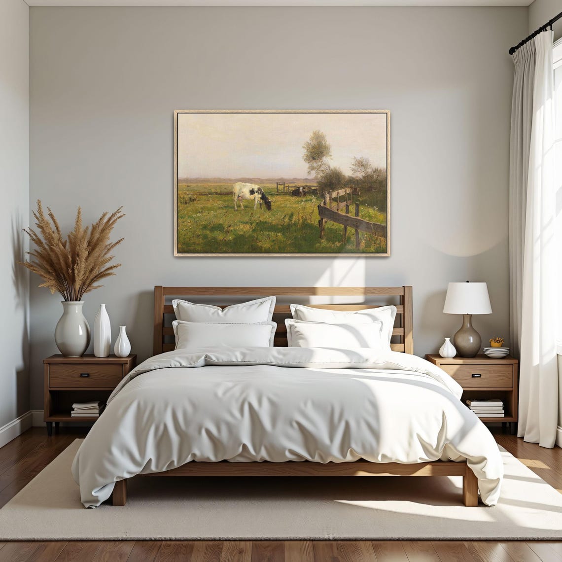 Cows Grazing in a Fenced Pasture Rustic Farm Landscape Art Print - Image 4