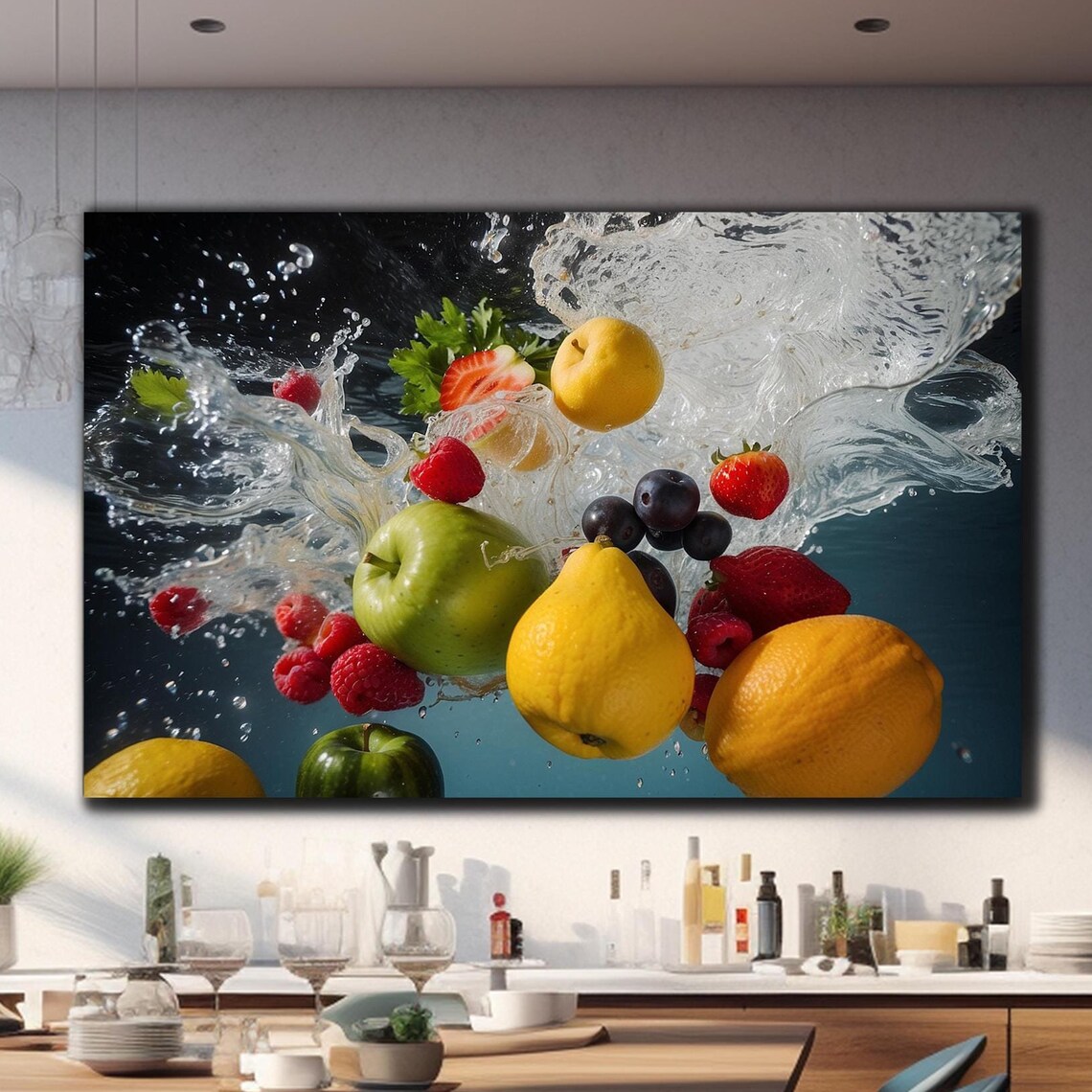 Fresh Fruits Splashing Water Apples Berries Lemons Dynamic Poster