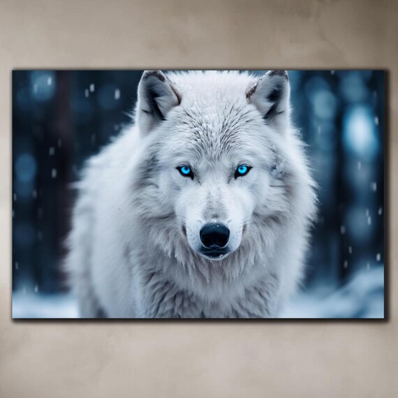 White Wolf Blue Eyes Snow Portrait Wild Animal Winter Wall Art