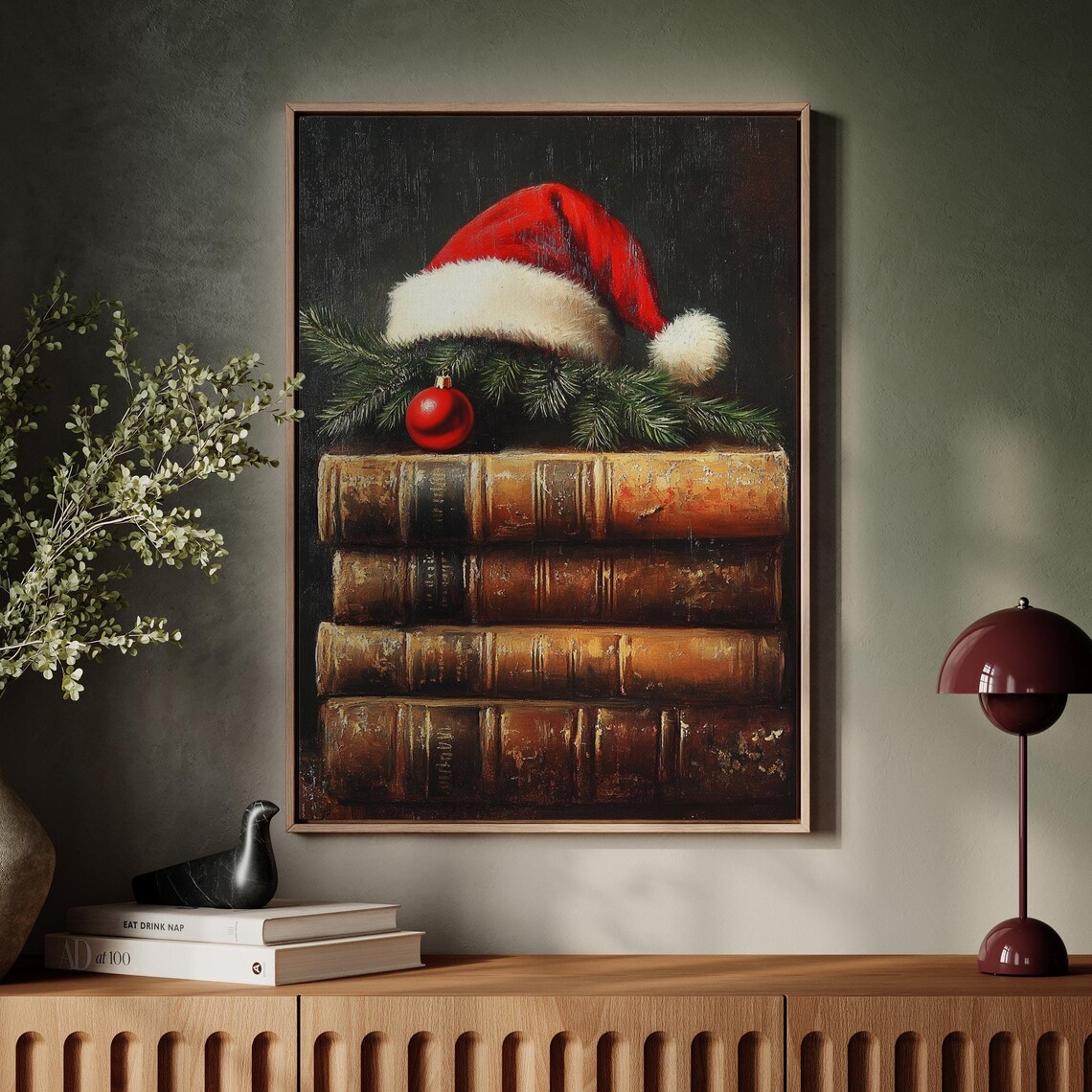 Santa Hat On Vintage Books With Pine Christmas Still Life Poster