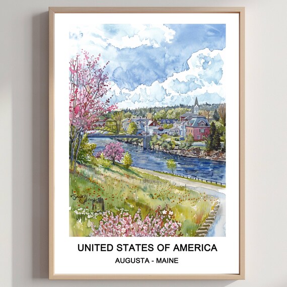 Augusta Maine River Bridge Spring Blossom Watercolor Travel Art Poster