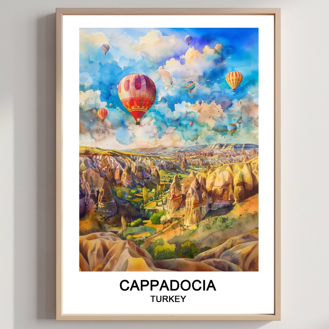 Cappadocia Turkey Hot Air Balloons Watercolor Valley Travel Poster