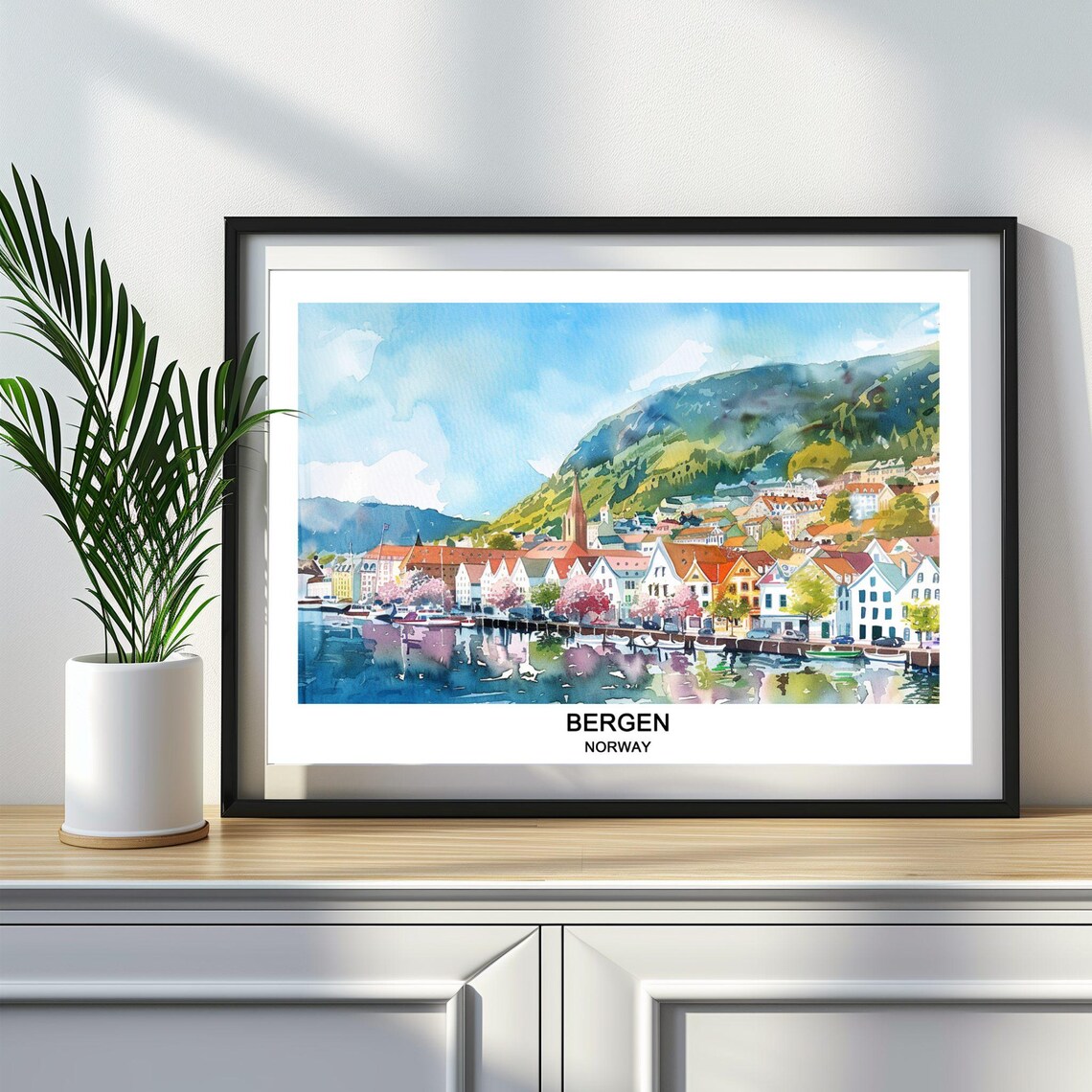 Colorful Bergen Norway Bryggen Wharf Harbor Watercolor Poster