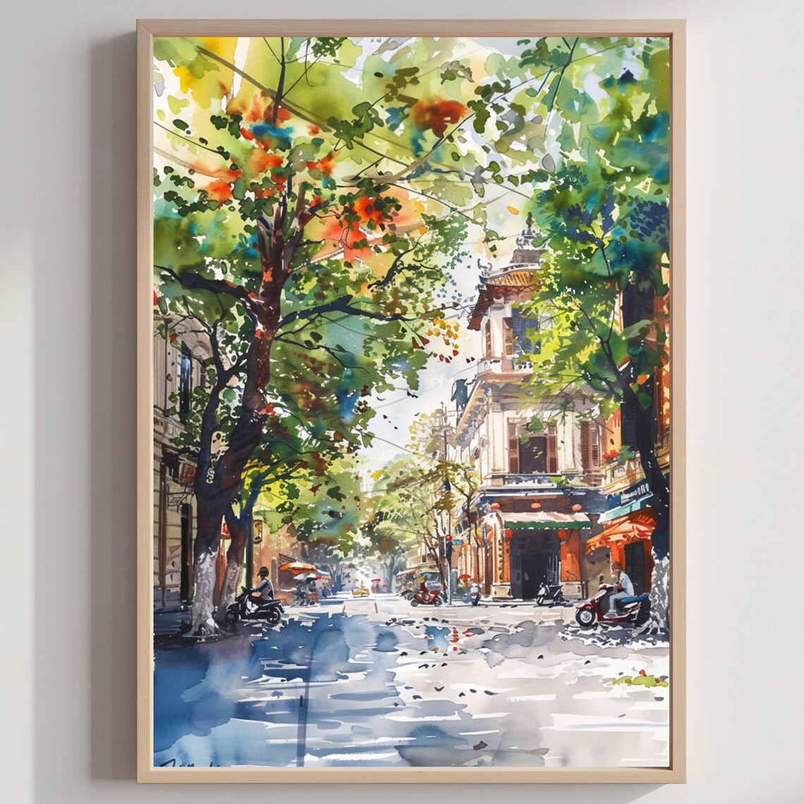 Hanoi Vietnam Watercolor Old Street Scooters Town Travel Poster