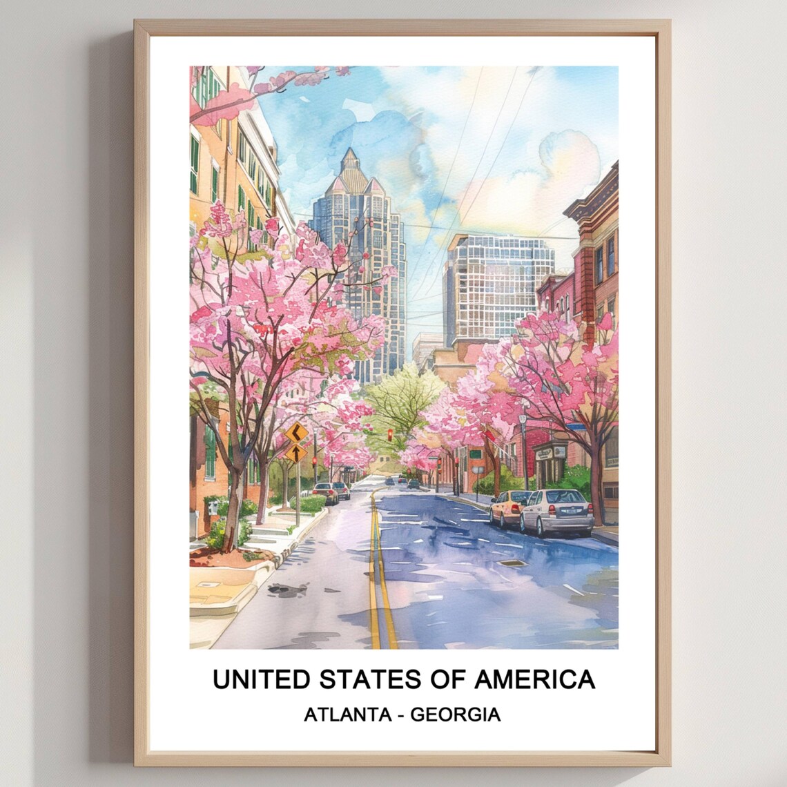 Atlanta Georgia Cherry Blossom Street Spring Downtown Watercolor Poster
