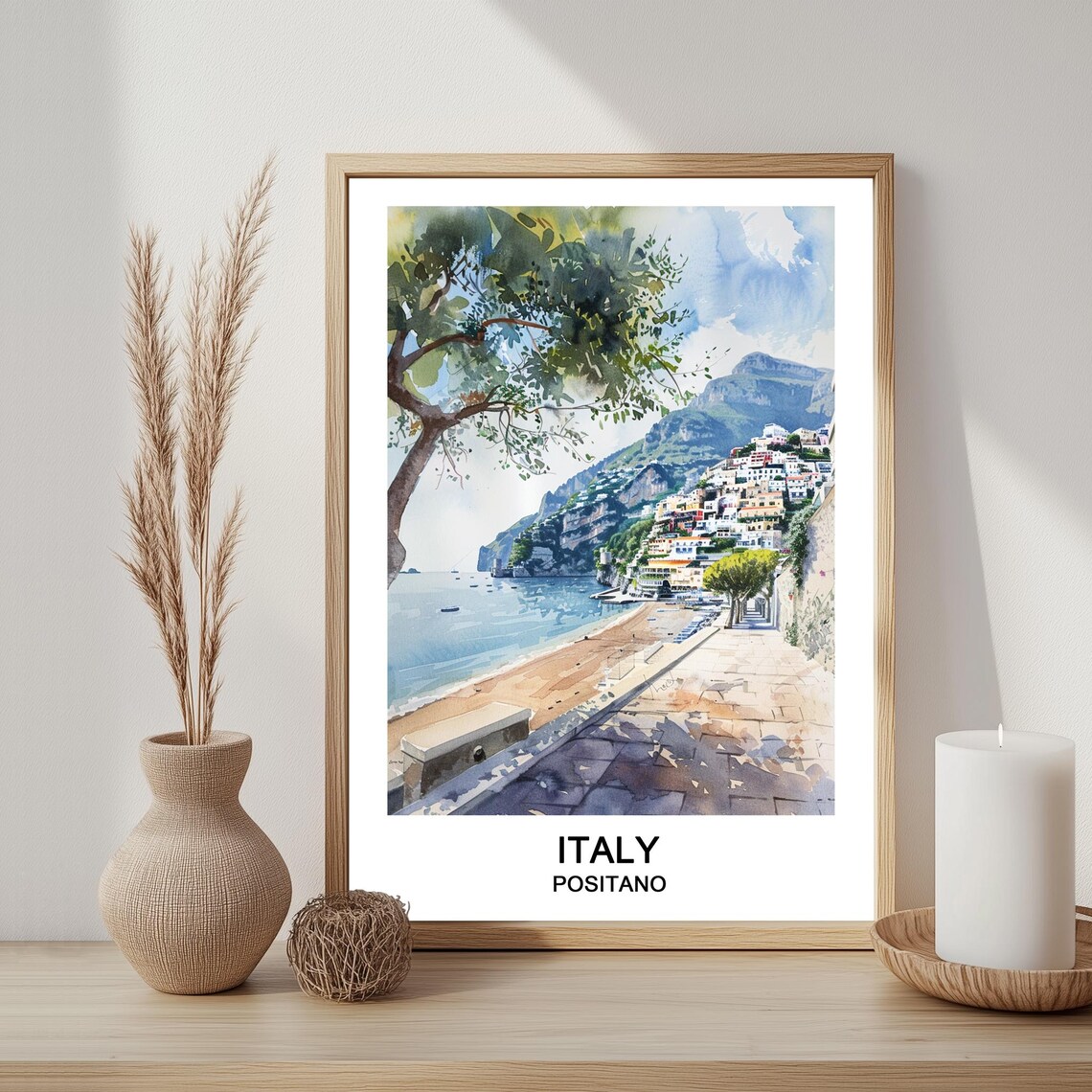 Positano Italy Amalfi Coast Beach Promenade Watercolor Travel Poster