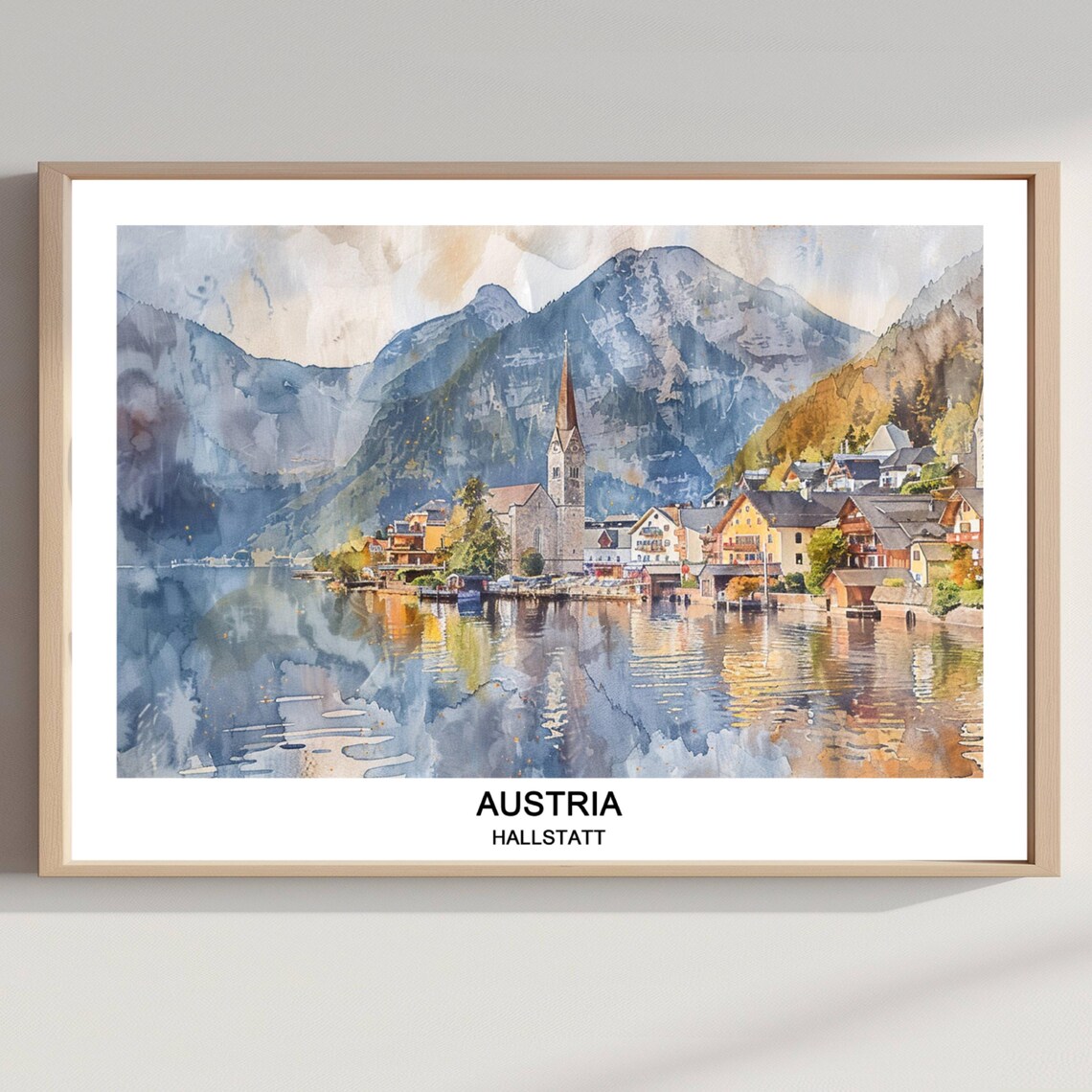 Dreamy Hallstatt Austria Lakeside Church Alpine Watercolor Poster