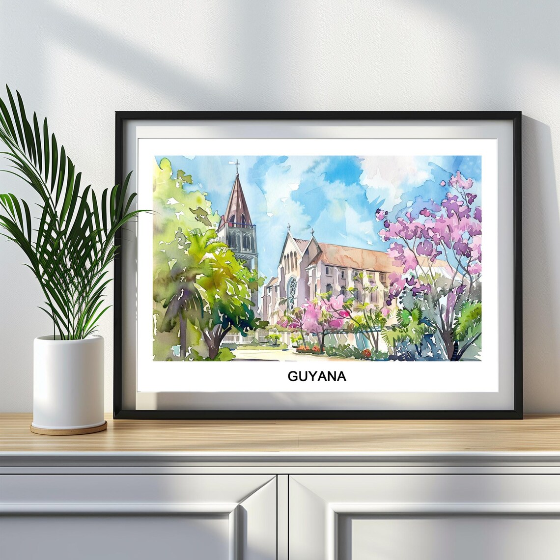 Guyana Church Blossom Trees Watercolor Tropical Travel Art Poster