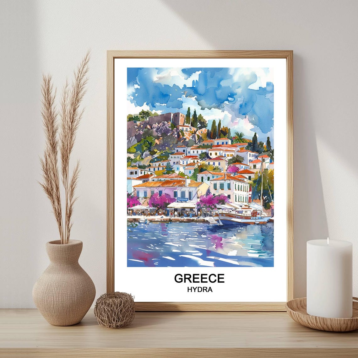 Hydra Greece Watercolor Harbor Poster White Houses Coastal Travel Art
