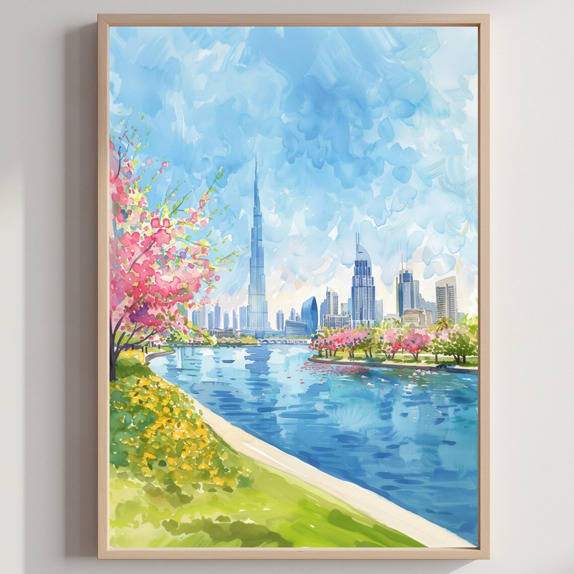 Dubai Skyline Watercolor Travel Poster With Burj Khalifa Lake